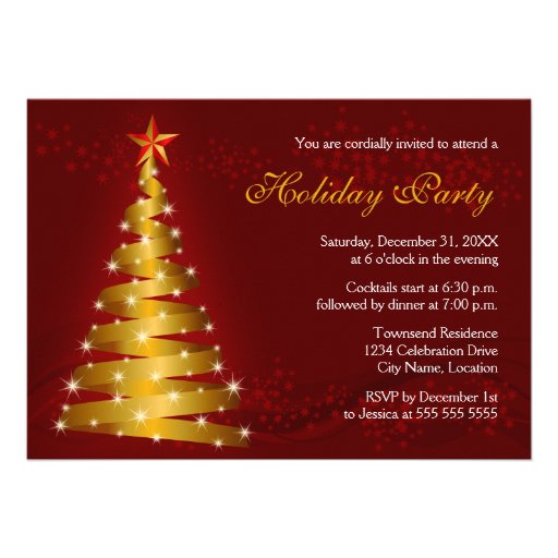 Gold Ribbon Christmas Tree Holiday Party Personalized Announcements (front side)