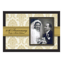 Gold Ribbon Damask Anniversary Party Invitation