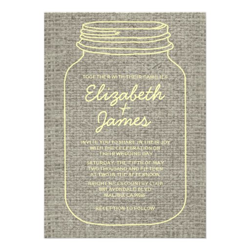 Gold Rustic Burlap Mason Jar Wedding Invitations