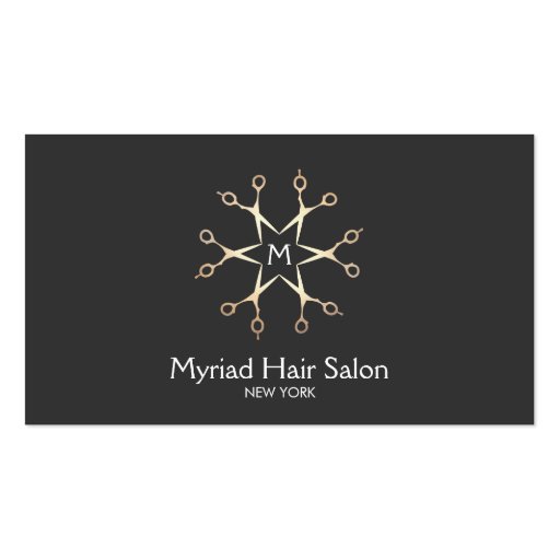 Gold Scissors Hair Stylist Salon Black Monogram Business Card