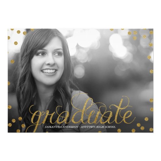 Gold Script Glitter Look Photo Graduation Invite (front side)