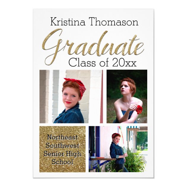 Gold Script Photo Collage High School Graduation 5x7 Paper Invitation Card (front side)