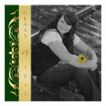 Gold Scroll Photo Green Graduation Invitations