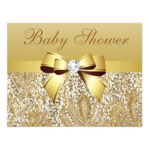 Gold Sequins, Bow & Diamond Baby Shower Announcement