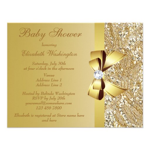 Gold Sequins, Bow & Diamond Baby Shower Announcement