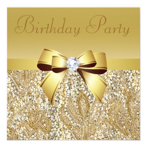 Gold Sequins, Bow & Diamond Birthday Party Custom Invitation (front side)