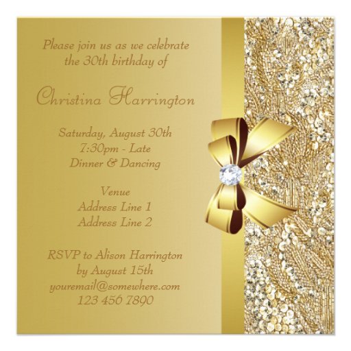 Gold Sequins, Bow & Diamond Birthday Party Custom Invitation