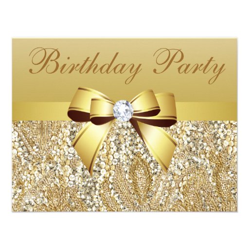 Gold Sequins, Bow & Diamond Birthday Party Announcements (front side)