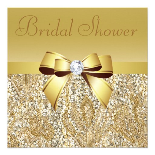 Gold Sequins, Bow & Diamond Bridal Shower Custom Announcements