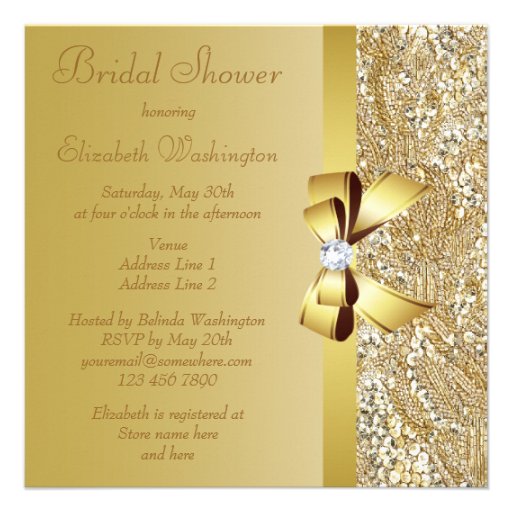 Gold Sequins, Bow & Diamond Bridal Shower Custom Announcements