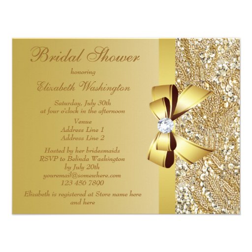 Gold Sequins, Bow & Diamond Bridal Shower Custom Announcements