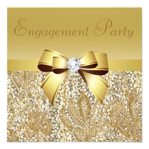 Gold Sequins, Bow & Diamond Engagement Party Announcements (front side)
