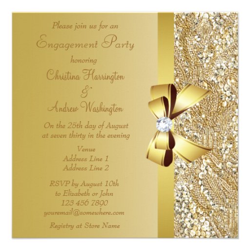 Gold Sequins, Bow & Diamond Engagement Party Announcements