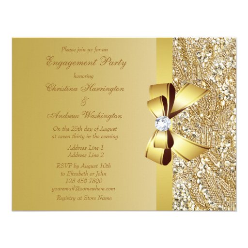 Gold Sequins, Bow & Diamond Engagement Party Custom Invitation