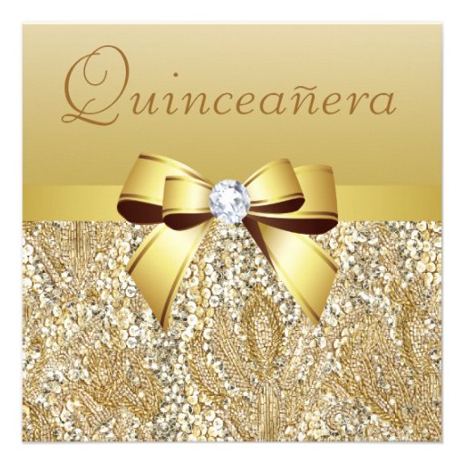 Gold Sequins, Bow & Diamond Quinceanera Custom Announcement (front side)