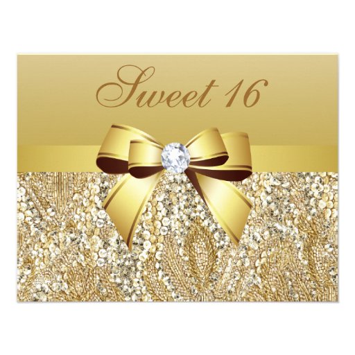 Gold Sequins, Bow & Diamond Sweet 16 Invitation (front side)