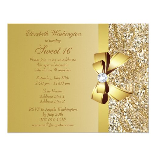 Gold Sequins, Bow & Diamond Sweet 16 Invitation