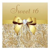 Gold Sequins, Bow & Diamond Sweet 16 Invitation