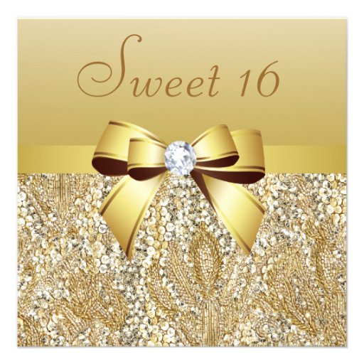 Gold Sequins, Bow & Diamond Sweet 16 Invitation