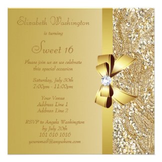 Gold Sequins, Bow & Diamond Sweet 16 Invitation