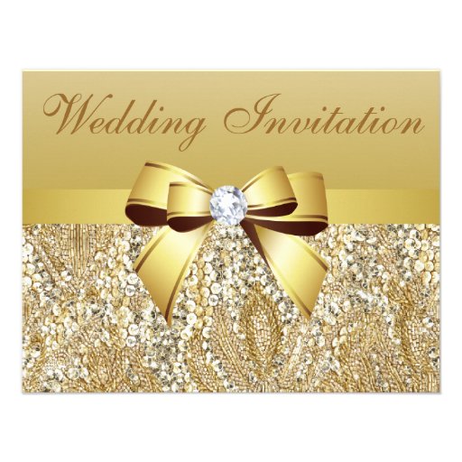 Gold Sequins, Bow & Diamond Wedding Invitation