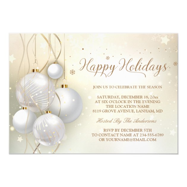 Gold Silver Baubles Stars Light Chic Holiday Party Card (front side)