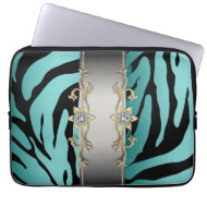 Gold Silver Teal Blue Zebra Laptop Sleeve fuji_electronicsbag