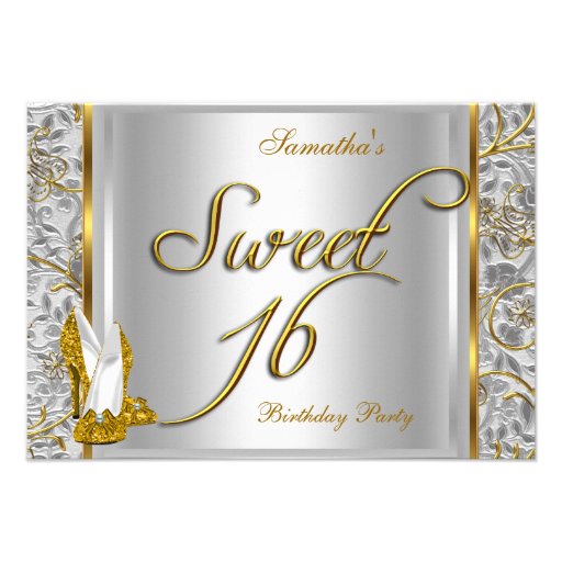 Gold Silver White Sweet Sixteen Sweet 16 Party Personalized Invite