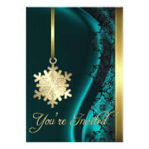 Gold Snowflake Decoration Teal Silk Invitation