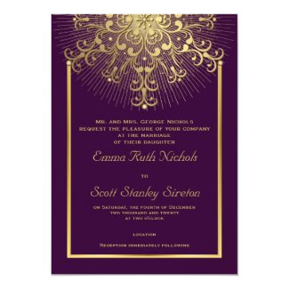 Gold snowflake on purple elegant winter wedding 5x7 paper invitation card