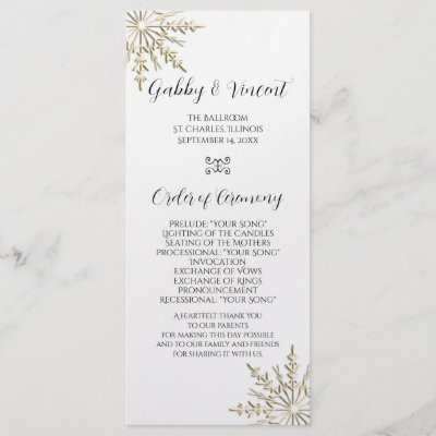 Gold Snowflake Winter Wedding Program Rack Cards by loraseverson