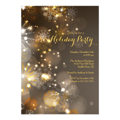 Gold Snowflakes & Bokeh Lights Holiday Invitation Announcements (front side)