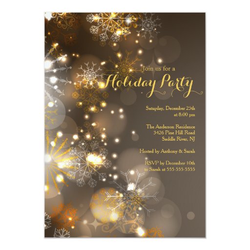 gold snowflakes bokeh lights holiday invitation 5 quot x 7 flat christmas lights