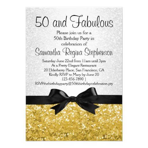 Gold Sparkle-look Bow 50th Birthday Party Personalized Invitations (front side)