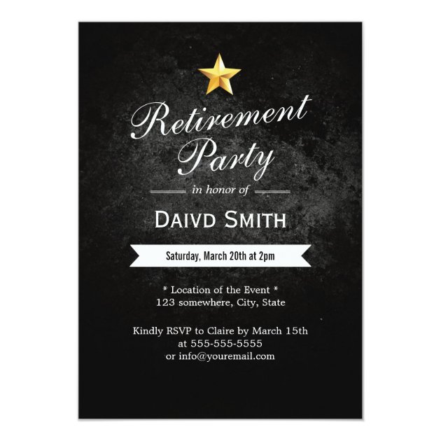 Gold Star Grunge Dark Retirement Party Invitations (front side)