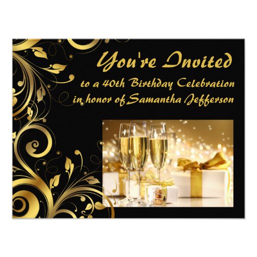 Gold Swirl 40th Birthday Invitations