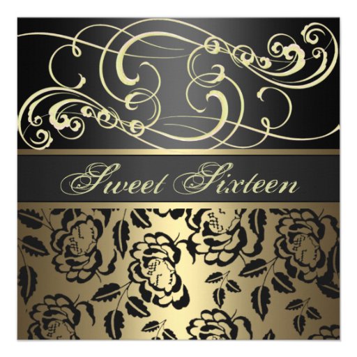 Gold Swirl & Rose Sweet 16th Birthday Invitation