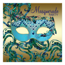 Gold Teal Blue Masquerade Party Invitations invitations