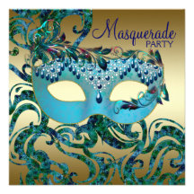 Gold Teal Blue Masquerade Party Invitations