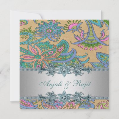 Silver gold teal blue paisley Indian wedding invitations
