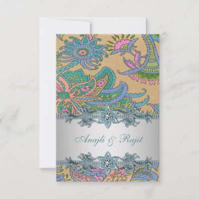 Silver gold teal blue paisley Indian wedding reception cards