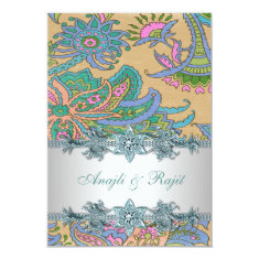   Gold Teal Blue Paisley Indian Wedding Reception 3.5x5 Paper Invitation Card