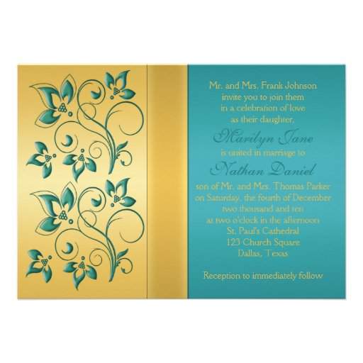 Gold, Teal Floral Monogram Wedding Invitation