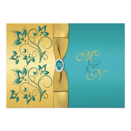 Gold, Teal Floral Monogram Wedding Invitation