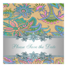 Gold Teal Paisley Indian Wedding Save the Date Invites