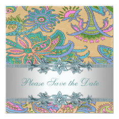   Gold Teal Paisley Indian Wedding Save the Date 5.25x5.25 Square Paper Invitation Card