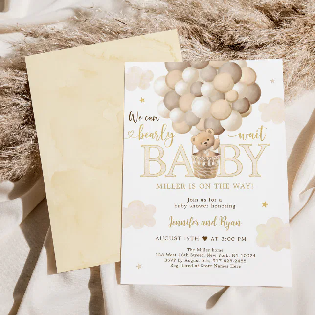 Gold Teddy Bear Hot Air Balloon Baby Shower Invitation Zazzle