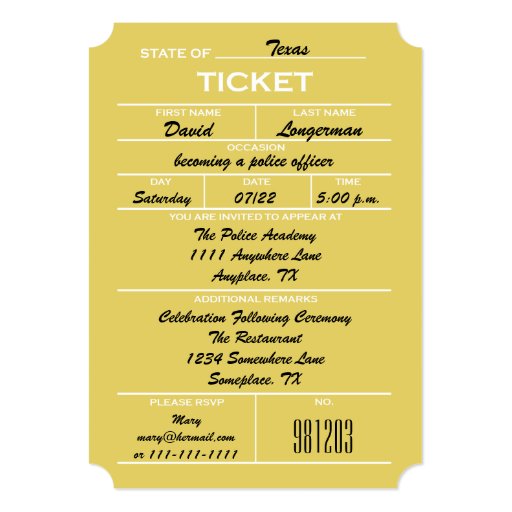 Gold Ticket Police Graduation Invitations (front side)