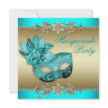 Gold & Turquoise Masquerade Party Invitations
