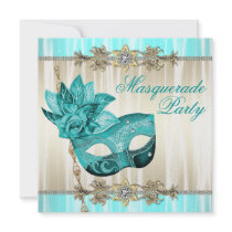 Gold & Turquoise Masquerade Party Invitations